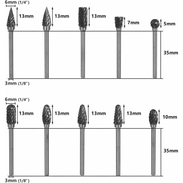 10 st dubbelskurna volframståls solida hårdmetallfräsar set 3 mm skaft borrbit vridstänger för Dremel roterande verktyg