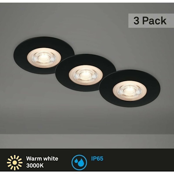 Sæt med 3 LED Indbyggede Loftlamper, Ultra-Tynde Indbyggede Lamper, Badeværelses Indbyggede Spotlights, IP65 Badeværelses Indbyggede Spotlights, Mat Sort, 90x2