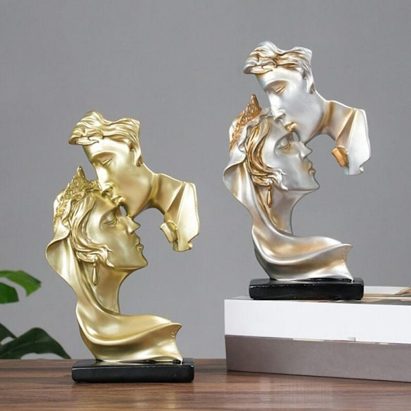 Harpiks skulptur kunst romantisk par kyss karakter statue stue vinskap ornamenter for hjemmedekor - grå