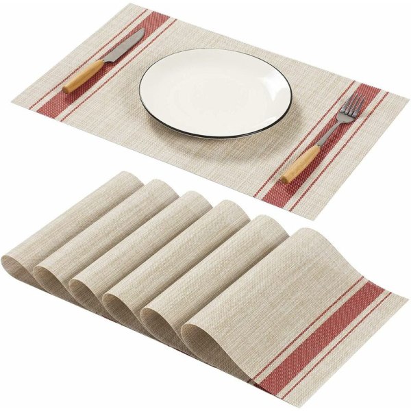 Dekkebrikker for spisebord sett med 6, vaskbare vevde dekkebrikker, sklisikre, varmebestandige, holdbare for spisestue (beige og røde striper)