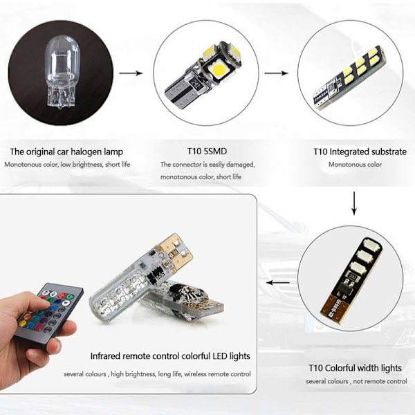 T10 5050 6SMD RGB 2 kpl LED Monivärinen Lamppu Auton Kiila Autovalolamppuja Välkkyvä Kaukosäädin