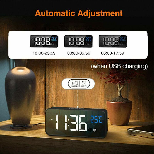 Digital väckarklocka, LED digital väckarklocka spegel skrivbords klocka USB laddningsbar reseväckarklocka med 2 larm / snooze / temperaturvisning / Vo
