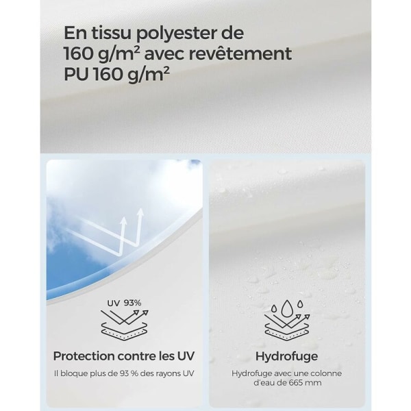 Solseil 3 x 3 m, vannavstøtende 665 mm vannsøyle, anti-riv polyester, 93 % UV-beskyttelse, terrasse, hage, balkong, firkantet, 2 m tau, hvit