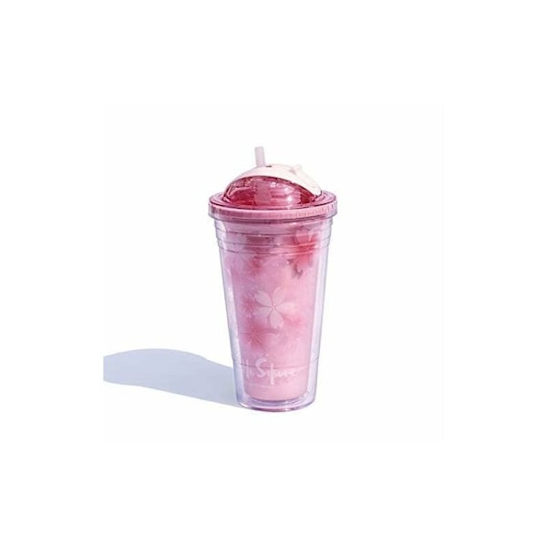 Isolerad Dubbelväggig Återanvändbar Läcksäker 16oz Plast Resekopp Med Lock Och Sugrör & BPA-Fri, Rosa-DENUOTOP