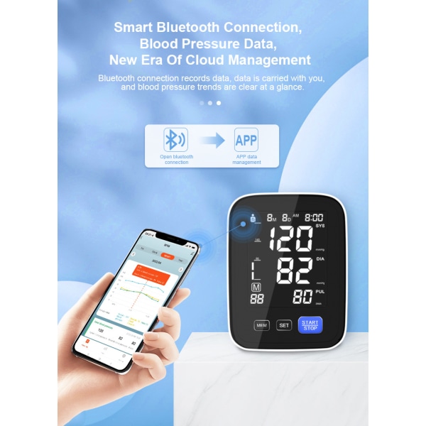 Bluetooth blodtryksmåler - automatisk digital, nøjagtig hjemmeblodtryksmåler, stort display, højt blodtryks- og arytmidetektor