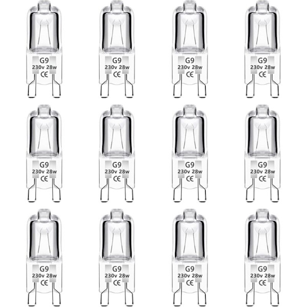 Pakke med 12 G9 Halogen Kapselpære 33W 230V, Dimbar, 460LM, Varmt Hvit 2700K, G9 Bi-Pin Base Halogen Lampe, for Ovn, Lysekroner, Landskapslys