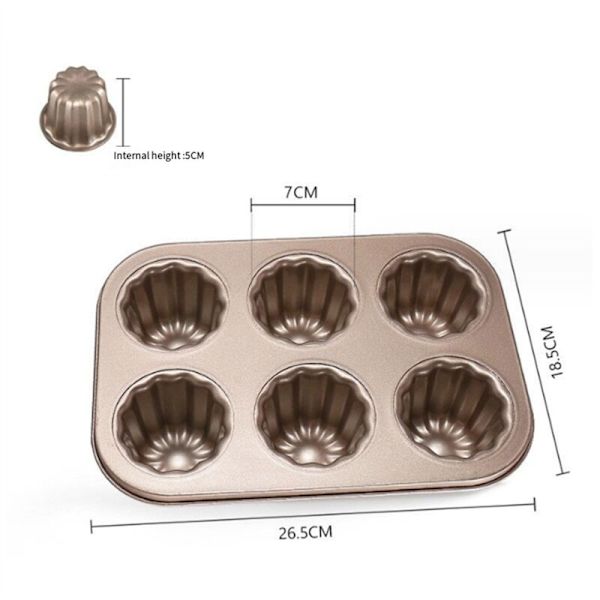 6-hålig Canelé-form, Icke-klibbig Canelé-bakform för ugn, Rostfritt stål Canelé-form, Bakverktyg