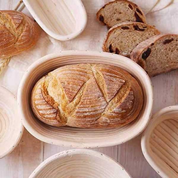 6-osainen Banneton-kori irrotettavalla vuorauksella ja kaapimella leivontatyökaluille