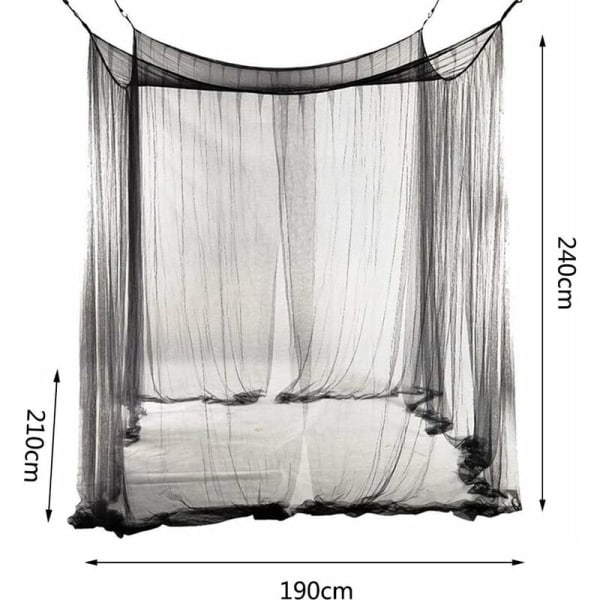 Myggenet til dobbeltseng, rektangulær ensfarvet med 4 åbninger, nem installation, Polyester, Sort, 190cm x 210cm x 240cm-