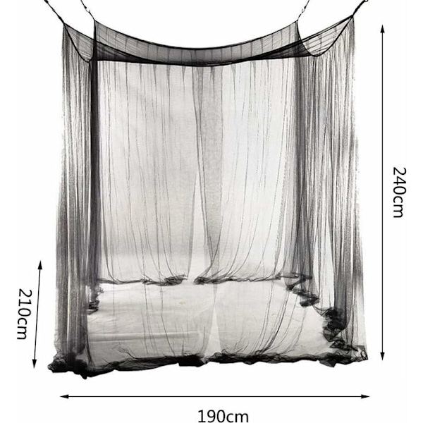 Myggnät för dubbelsäng, rektangulär enfärgad med 4 öppningar, enkel installation, polyester, svart, 190 cm x 210 cm x 240 cm-