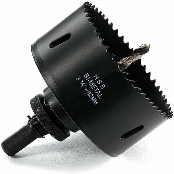 92mm HSS M42 Bi-Metal High Speed ​​Steel Hole Saw with Hex Shank and Drill Bit for Wood, Drywall and Sheet Metal, Black,--