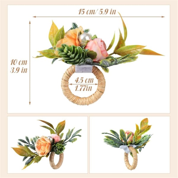 Serviettringer, 6-pak blomsterserviettholdere med perlebordringer for bryllup, fest, jul, høytid