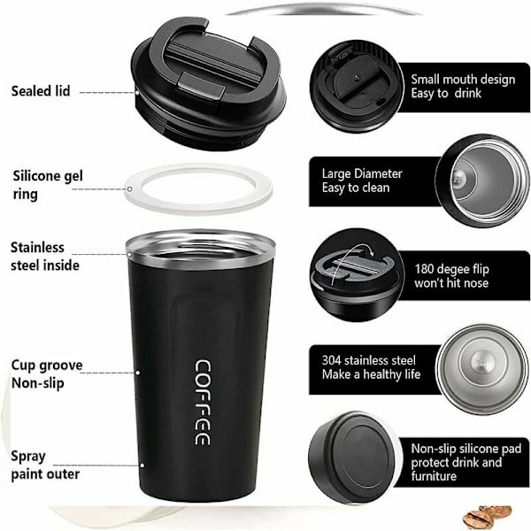 Take Away-kaffekopp. Isolerad mugg i rostfritt stål. Läcksäker kaffemugg med lock. Termisk kaffemugg för miljövänliga resor. Vit 380ml