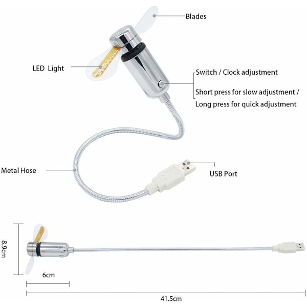 USB-driven klockfläkt, mobil USB-driven handfläkt, mini USB-svanhalsfläkt med LED-lampa för realtidsvisning för bärbar dator och PC - flexibel USB-klockfläkt