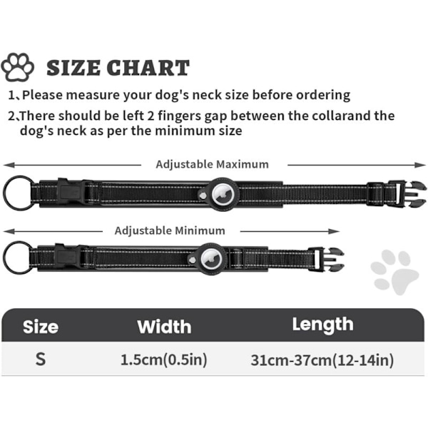 Vadderad Hundhalsband för Airtag, Apple Airtag Reflekterande Hundhalsband, Inbyggd Air Tag för Små, Medelstora och Stora Hundar, [Svart - Storlek S]