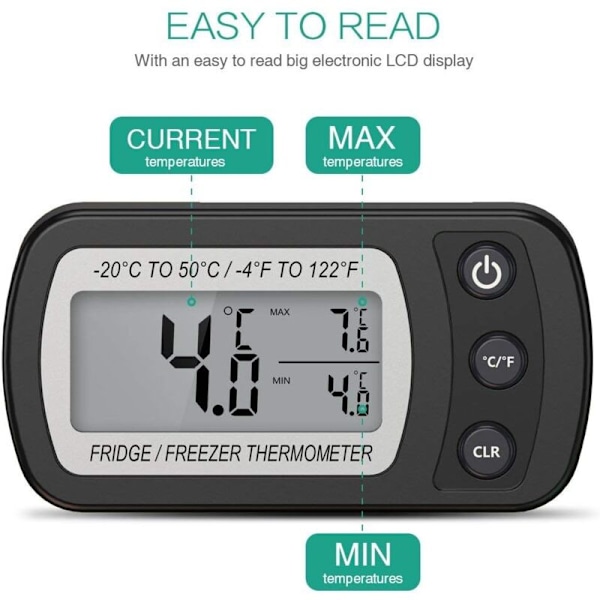 Digital KylskåpsTermometer, Vattentät FrysTermometer med Hängare, Lättläst LCD-Skärm, Max/Min-Registreringsfunktion, Perfekt för Hem, Re