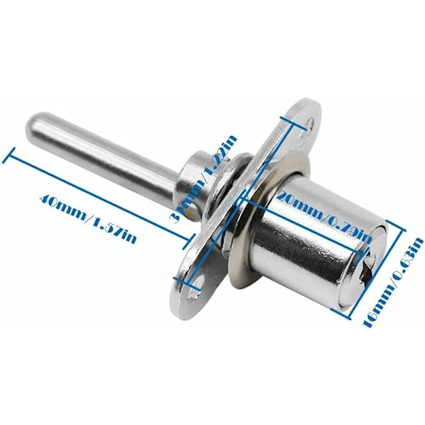 2 stk skufflås med nøkkel for møbler Stempellås for arkivskap Utstillingsvindu, Diameter 16 mm, Lengde 61 mm (Sølv)--