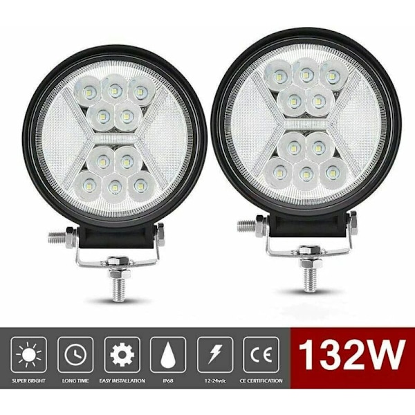 2 stk LED arbeidslys 12V, 132W Lang rekkevidde LED-frontlys Motorsykkel 4x4 LED tåkelys Bakover LED arbeidslys for traktor, båt, lastebil, bil
