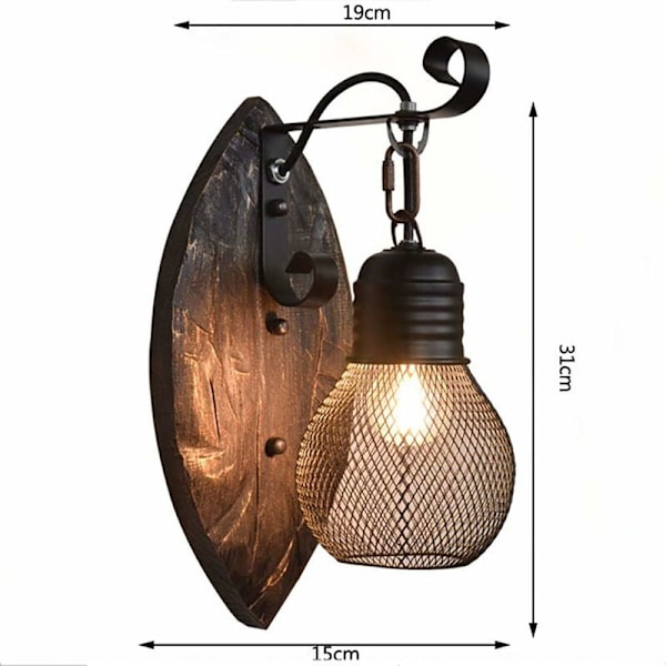 Retro LED Vægslampe Jern Sconce (Sort) Massivt Træ Sconce til Sengebord Garage Sportsplads Soveværelse Stue Ø15Cm E27 (Uden Pære)