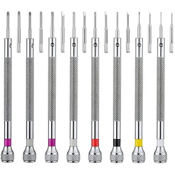 8-delad precisionsskruvmejselsats, 0,6-1,6 mm mikroskruvmejsel för smycken, med 8 extra utbytesblad för klockreparation