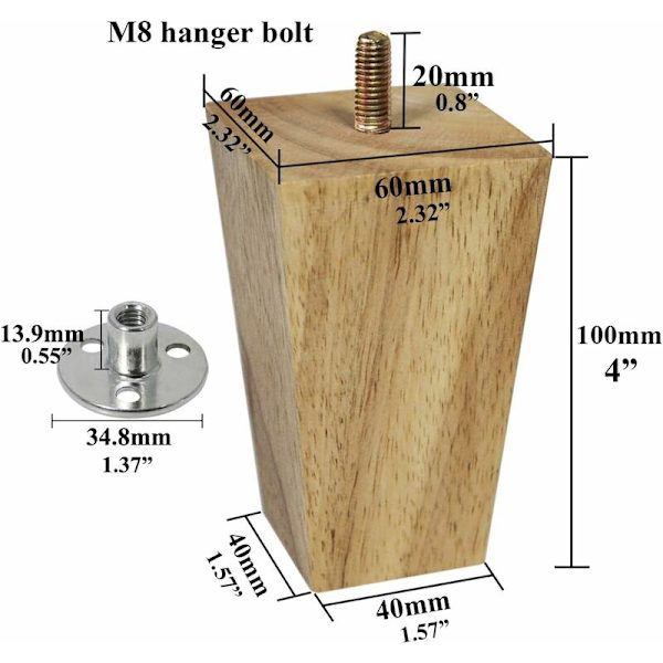 4 stk. Treben - Sofabein - M8 Skruer (10 cm)