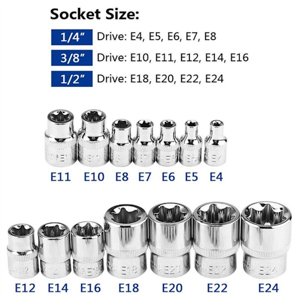 Tamper Proof Torx Star Bit Socket Set Torx Socket Set E4-E24 1/4 Tommers 3/8 Tommers 1/2 Tommers Drive 14 Pcs