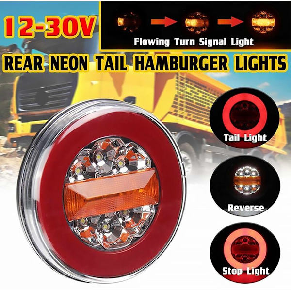 LED Rund 4IN1 Lastbil Baglygte 12-24V Dynamisk Baglygte Blinklys Baklys Stoplys til Trailer RV