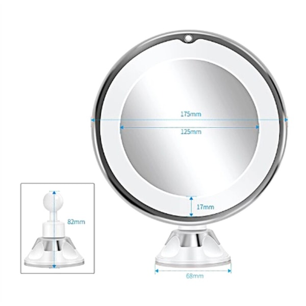 10X Forstørrings Spejl med LED Lys, Låsbar Sugkop og 360 Graders Rotation - Til Rejser / Badeværelse - Batteridrevet