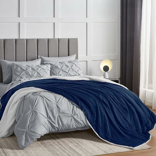 Rutid Sherpa Fleecefilt, 150x200 Marinblå Enkelsängfilt, Päls Soffa Överkast Vändbar Soffa Överkast, Liten Tjock Varm och Mjuk Plysch Soffa Överkast