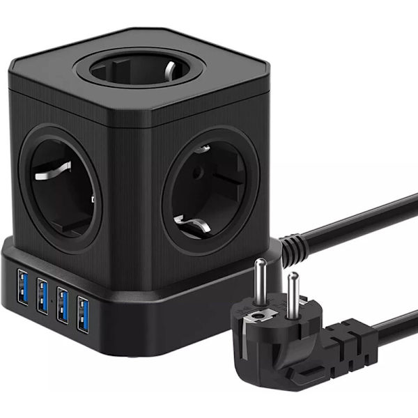 9-i-1 Cube Power Strip med USB, 5 stikkontakter med 4 USB-porte, stikkontakt med afbryder, overspændingsbeskyttelse med afbryder og 2M kabel, 4000W Power Strip Extens
