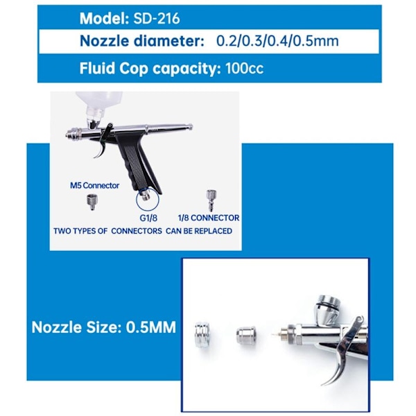 0,5 mm Professionell Airbrush-set med Munstyckslock, Anslutningstillbehör, Verktyg för Modellering av Bilar, Väggmålning, Nagelspay