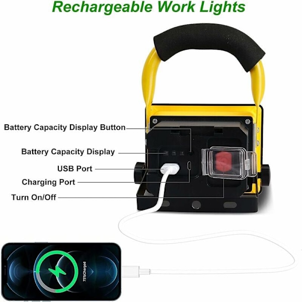 Genopladelig LED-projektør 30W 2500LM Byggeplads Projektør 6000mAh Trådløs LED-lys Udendørs LED-projektør Batteri Bærbar LED-projektør