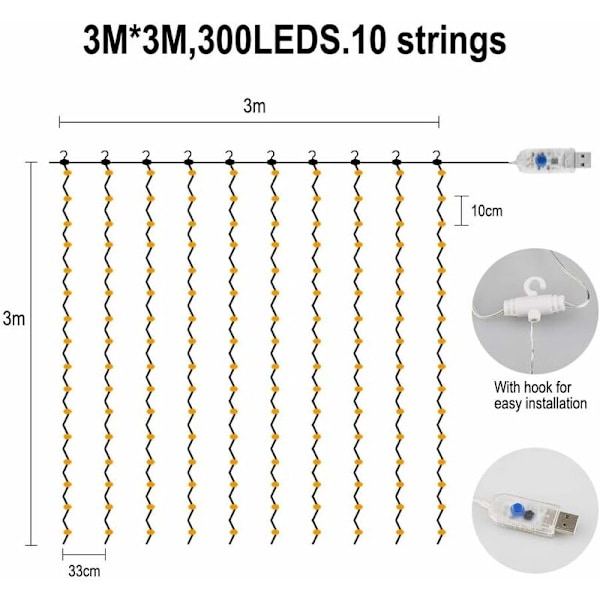 Lysgardin, Vindue Lysguirlander 300 LED'er 3mx3m, 8 Lystilstande, Atmosfære til Julepynt, Bryllup, Fødselsdag, Balkon, Terrasse, Seng