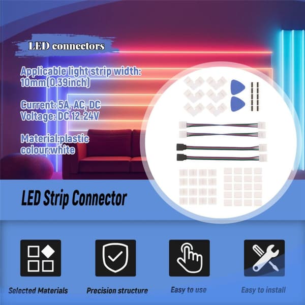 LED-strimmelforbindelse 4-benet 10 mm loddefri RGB-lysbåndsforbindelse til 5050 SMD - Gapless-forbindelser, L-formede forbindelser