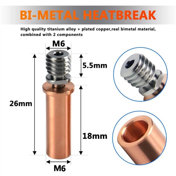 2X Bimetallisk Värmebrytare Koppar Titan TC4 Högtemperatur Hals för S, Pro, Vyper 3D-skrivardelar