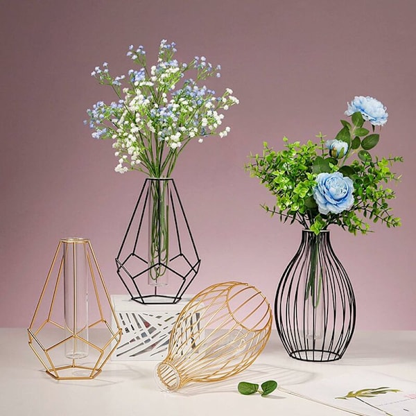 Vas i metallram, geometrisk form glasrör, blomvas för hydroponiska växter, solida terrarium små knoppvaser för kontor hem, geometrisk