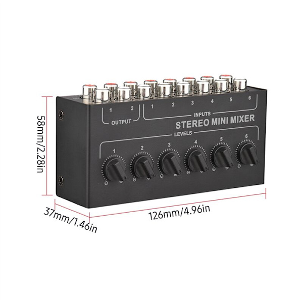 CX600 Mini 6-kanals stereo passiv mixer, bärbar RCA-ljudmixer, 6 in 2 ut stereodistributör, volymkontroll