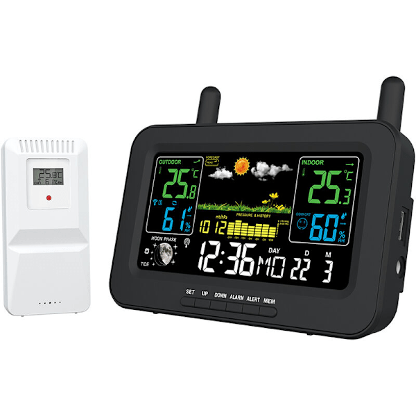 Trådløs værstasjon Wifi Innendørs og Utendørs APP Kontroll Termometer og Hygrometer Væroppdatering Vekkerklokke Snooze Månefase Atmosfærisk P