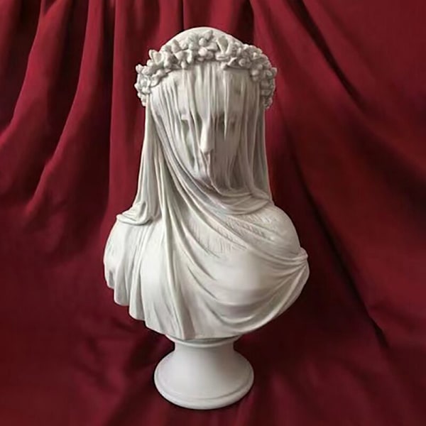Sløret pige byste statue, gotisk dekoration til , abstrakt skulptur i hvid harpiks, gudindestatue, kunsthåndværk, æstetik