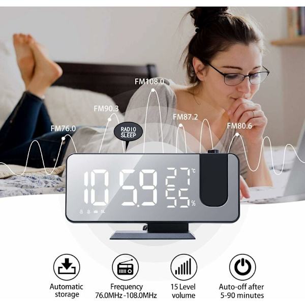 Projektionsväckarklocka för sovrum 7,4'' Stor LED-spegelskärm och 4-stegs dimmerväckarklocka med radio, 180° roterbar USB-laddning, 2 ljud, svart-vit
