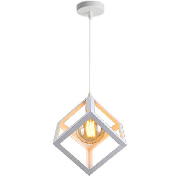 E27 Kvadrat Hengelampe, Metall Taklampe, Jern Kube Skjerm, Justerbar Tau Lampe Armatur for Stue, Spisestue (Hvit)