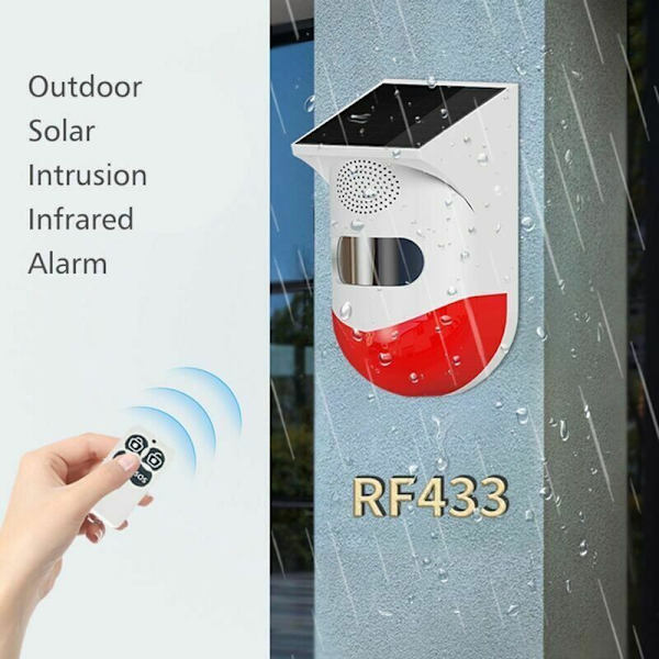 433 MHz Trådlös Solcellsdriven Utomhus Infraröd Alarm Allt-i-ett-maskin, 120 Db Alarm, Vattentät PIR Rörelsesensor, med Fjärrkontroll