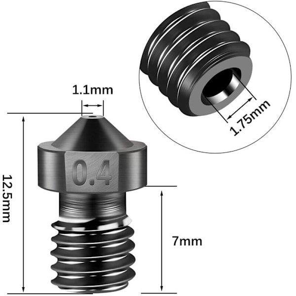 6 st 3D-skrivarmunstycken i härdat stål, 0,4 mm/1,75 mm, slitstarkt V6-metallmunstycke för skrivare