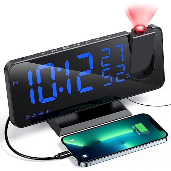 Projektionsväckarklocka med radio, digital klocka, väckarklocka med USB-port, 3 justerbara ljusstyrkenivåer, snooze och 15 volymnivåer, 12/24h, för