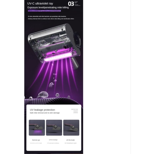 Ledningsfri Mideremover til Sengetæppe UV Sterilisering Desinfektion 7500PA Støvfjernings Bærbar Støvsuger - Hvid