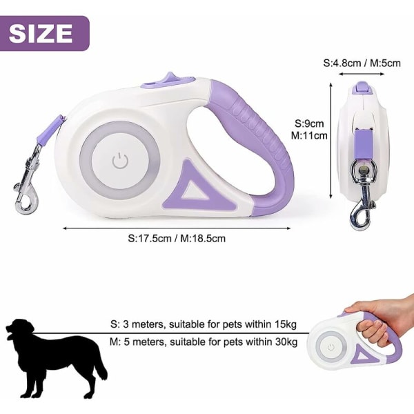 Retractable Koiran Taluttime, Yhden Napin Helppo Jarru ja Lukko Laajennettava Koiran Taluttime LED-taskulampulla(M, Köyden Pituus 5M, Vihreä)