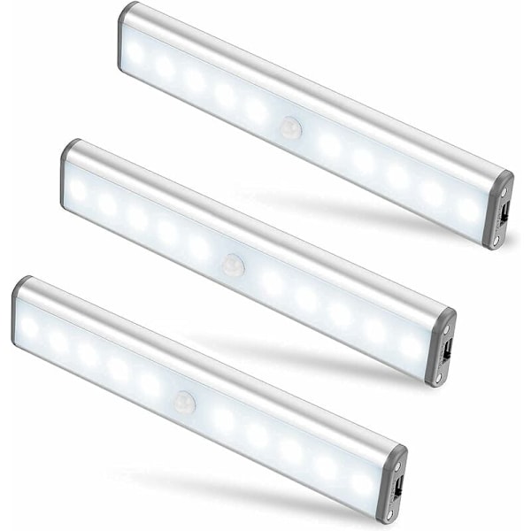 Sett med 3 10 LED-lamper, trådløse, USB-oppladbare, magnetiske, bevegelsessensor, 2 lysmoduser, bærbare. Skaplys, nødlys