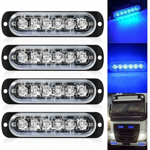 4-pakke - Ultratynn Blå 6 LED Strobe Lys - LED Lyslist Mini Nødlyslist 18 Blinkende Moduser 12V-24V for Universelt Kjøretøy eller Lastebil