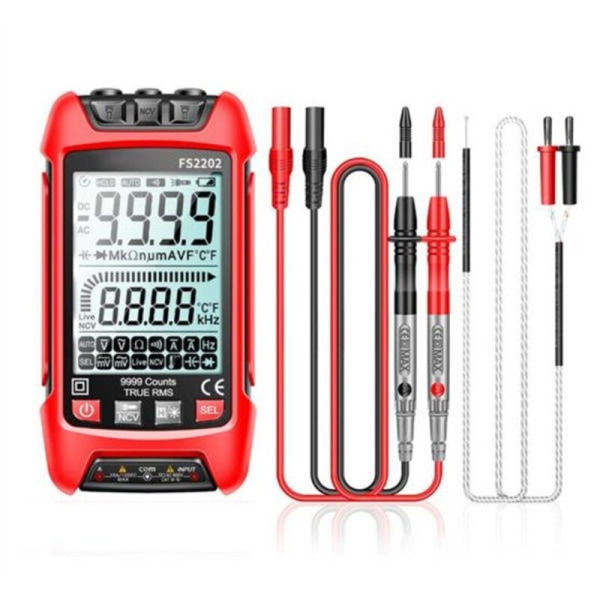 FS2202 Automatisk multimeter med 9999 mätningar TRMS AC DC Voltmeter Amp NCV Resistans Kapacitans Transistor Tester Röd