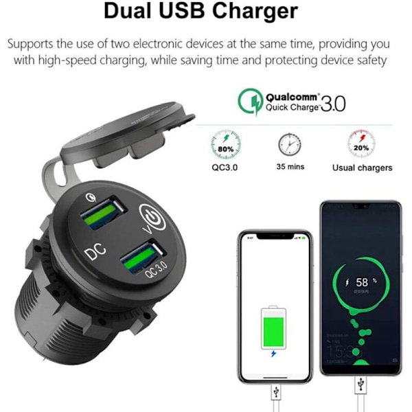 Dual Port USB-billader for biluttak QC3.0 12V/24V ladeadapter med LED digital voltmeter berøringssvitsj A